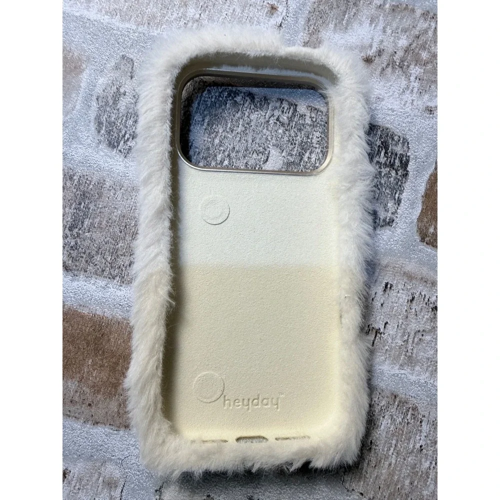 Heyday iPhone 17 Pro Case Faux Fur Cream White Gold Ring Hardware‎ Fuzzy Cover